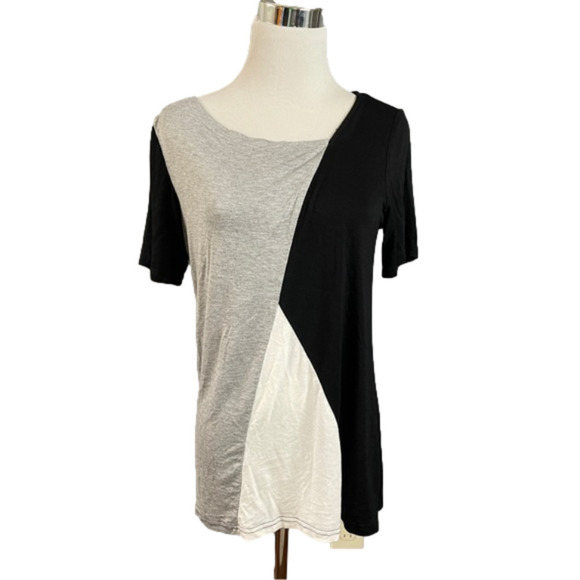 Satin Mathews tri monochrome color block shirt sleeve blouse size Small - Picture 1 of 5